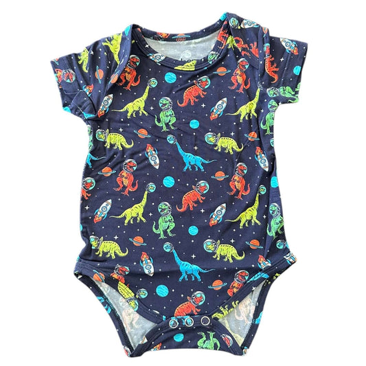 Navy blue short sleeve bodysuit with colorful dinosaur and space patterns, ideal for babies.