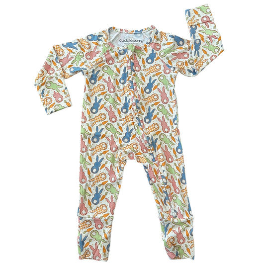 Cute Cottage Bunny bamboo zipper sleeper with colorful animal print for babies.