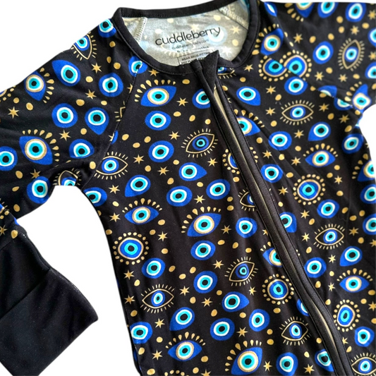 Evil Eye Black Zipper Sleeper featuring a colorful eye pattern and dual zipper design for babies.