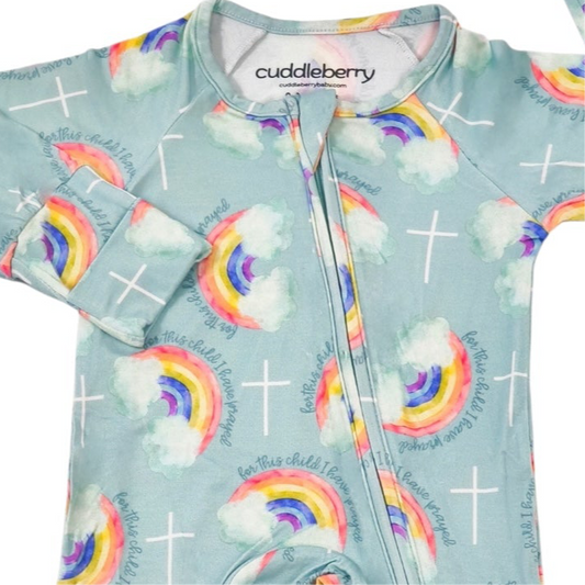 For This Child, I Have Prayed Zipper Sleeper with rainbows and crosses design for babies from Cuddleberry.
