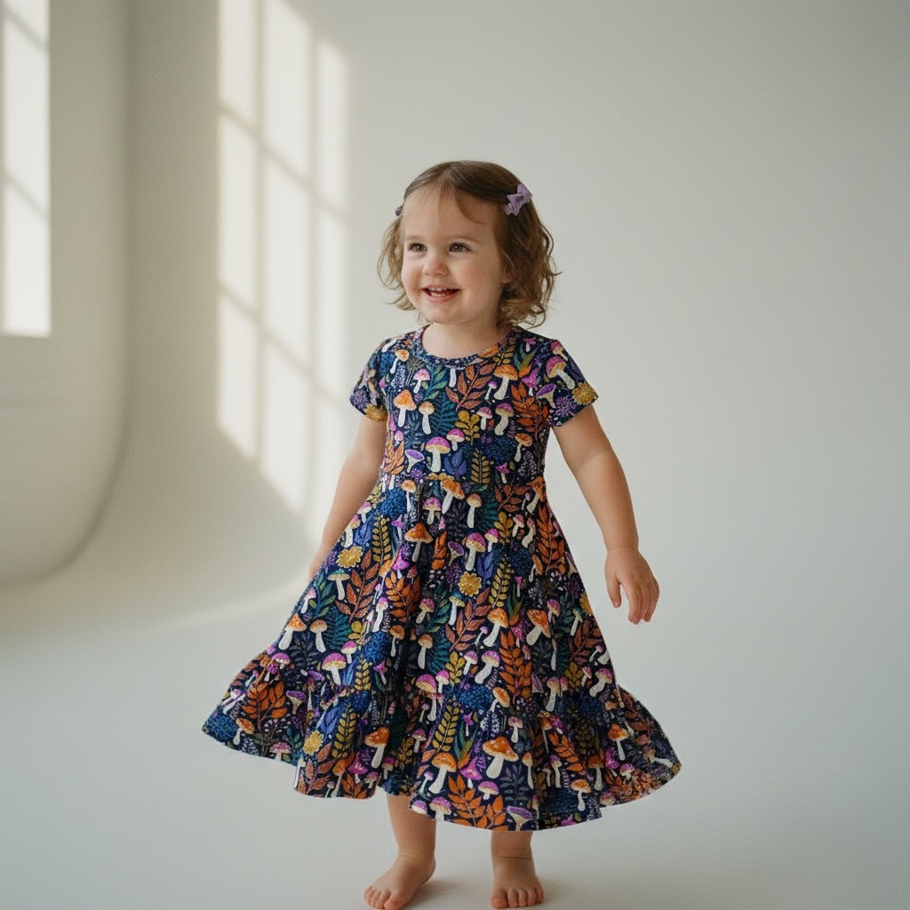 toddler girl wearing bamboo dress with botanical mushroom design