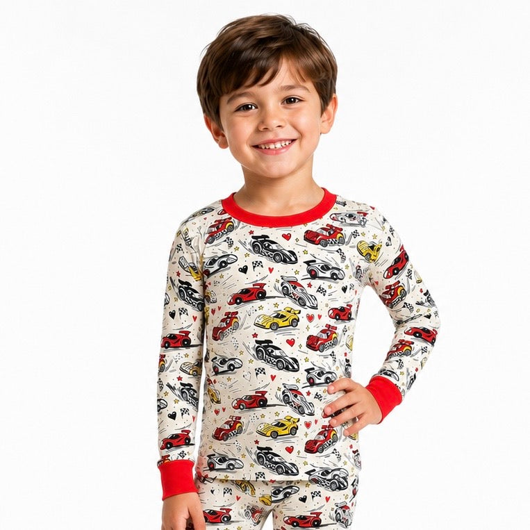 boy in race car bamboo pajamas
