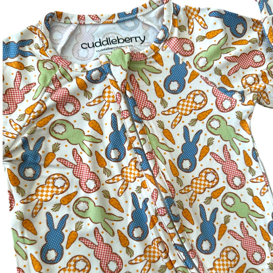 Cottage Bunny bamboo zipper sleeper featuring colorful bunny and carrot print, perfect for babies.