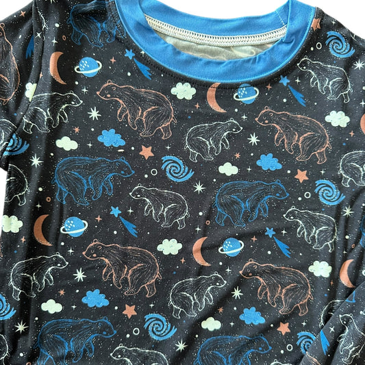 Constellation Bear long sleeve PJs featuring playful bear and celestial patterns in soft bamboo fabric.