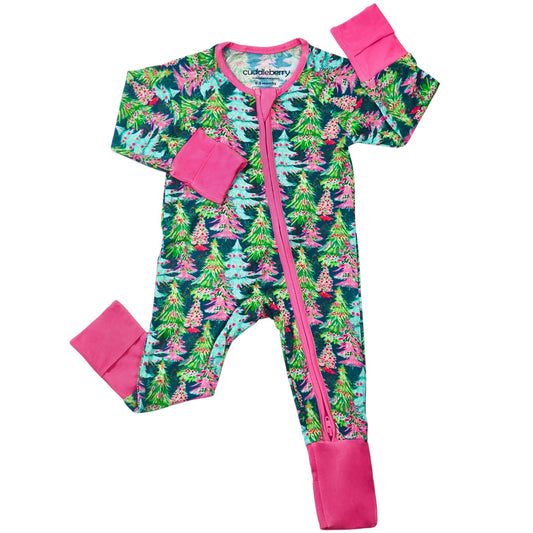 Merry Trees Bamboo Zipper Sleeper featuring vibrant Christmas tree print and pink accents for babies.