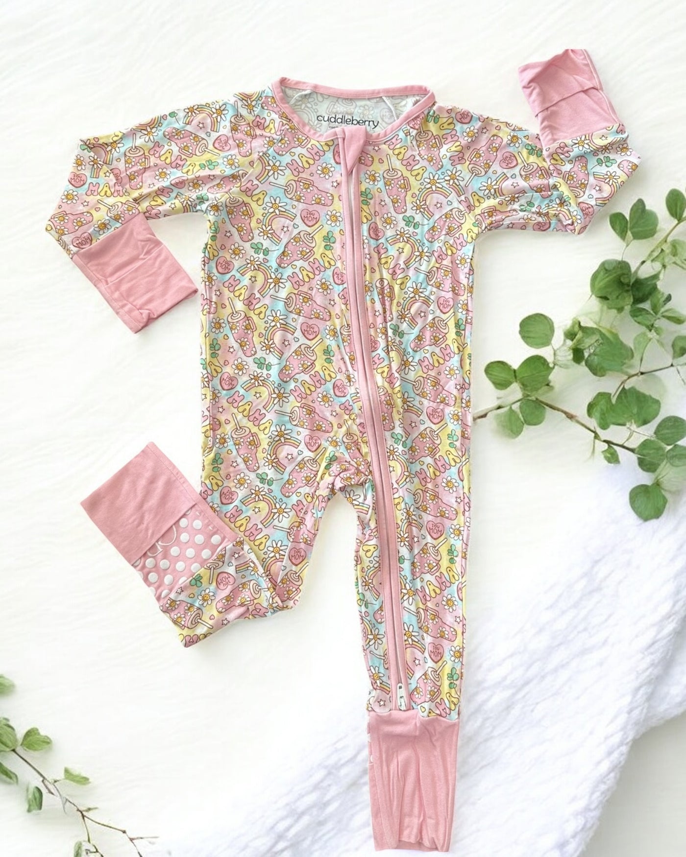 Mama Bamboo Zipper Sleeper for babies in colorful patterns with dual zipper design and soft pink accents.