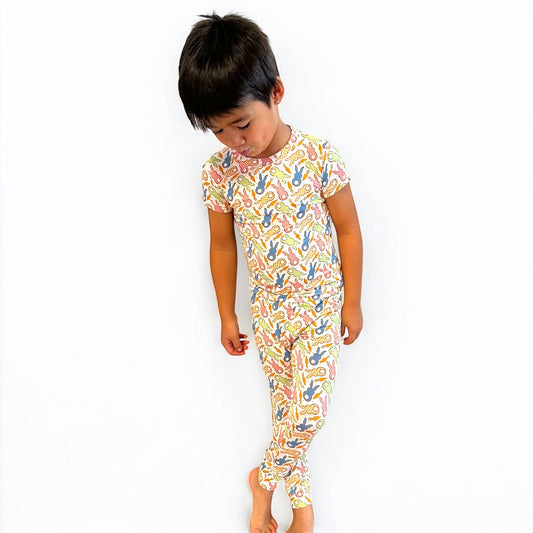 A young boy wearing colorful Cottage Bunny short sleeve two-piece pajamas, posing playfully.