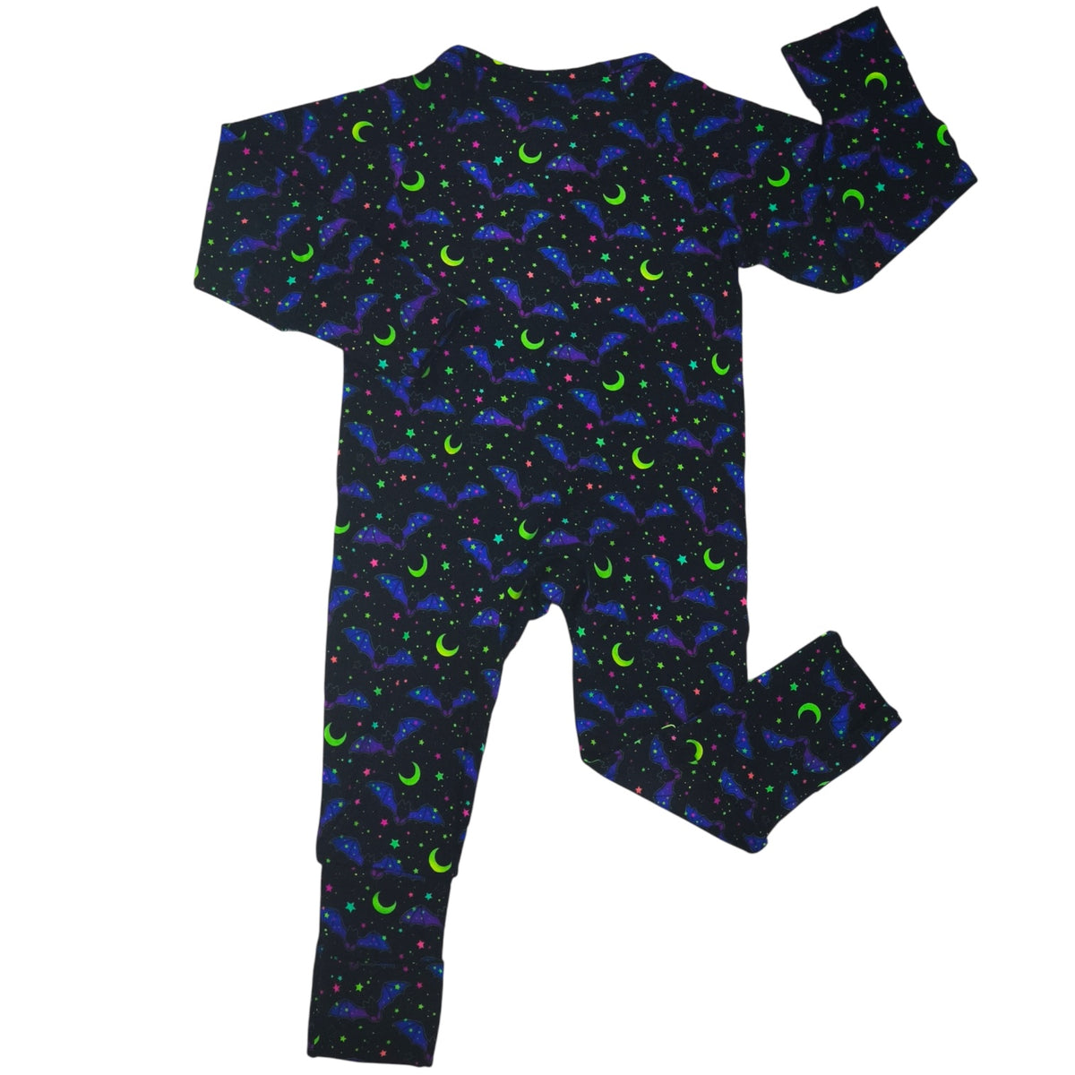 Cosmic Bats Bamboo Zipper Sleeper featuring a colorful bat and moon design on a dark background.