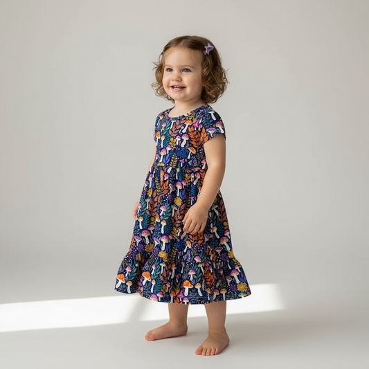 toddler girl wearing cuddleberry bamboo dress in Botanical mushroom design