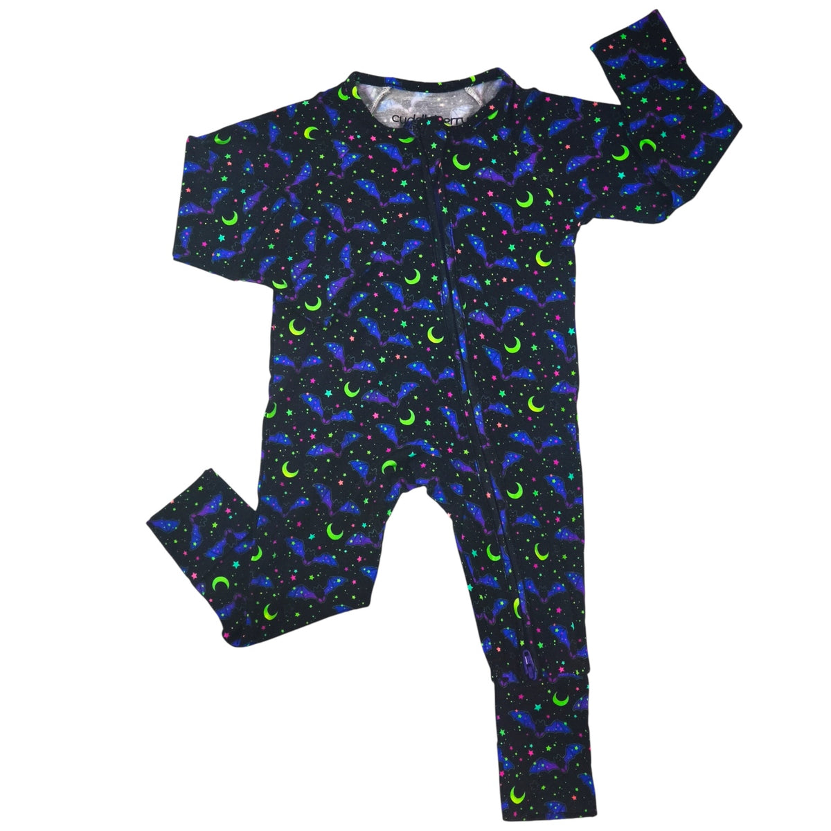 Cosmic Bats Bamboo Zipper Sleeper featuring a vibrant bat and crescent moon pattern on a dark background.