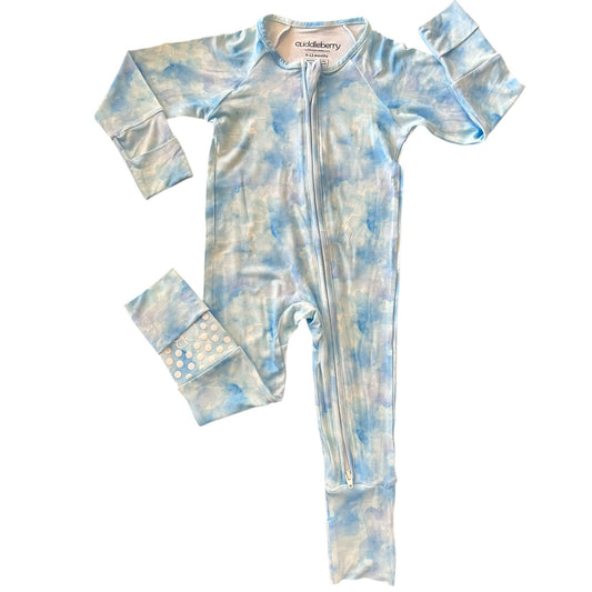 Blue Skies Bamboo Zipper Sleeper for babies, featuring a soft bamboo fabric in light blue tie-dye pattern.