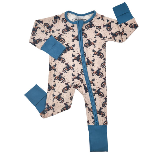 Rodeo Bamboo Zipper Sleeper with cowboy hats design, featuring a playful zipper and blue cuffs.