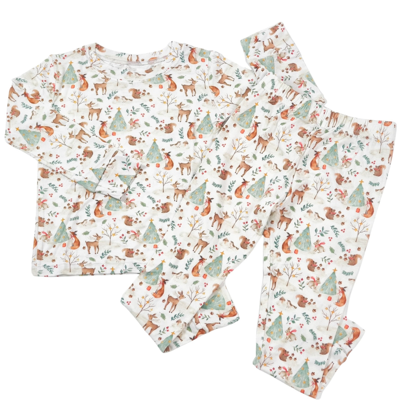 Woodland Christmas animal print long sleeve two-piece bamboo pajamas for kids, featuring trees and playful woodland creatures.
