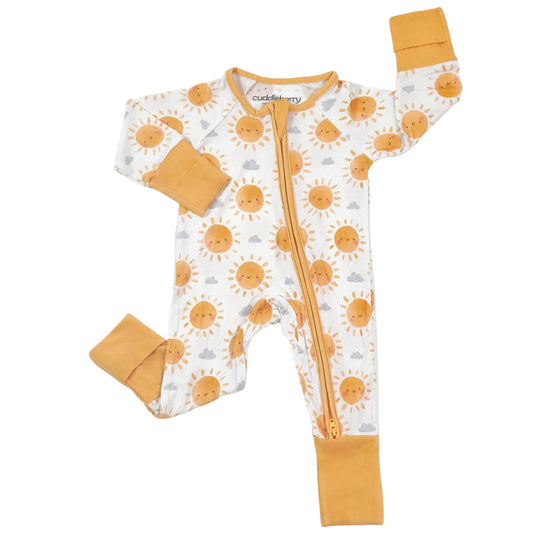 Boho Sun Zipper Sleeper in sunny print with dual zipper for baby comfort and style.