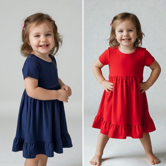 Solid Color Bamboo Dresses: Sensory-Friendly School Uniform Colors (Navy and Red)