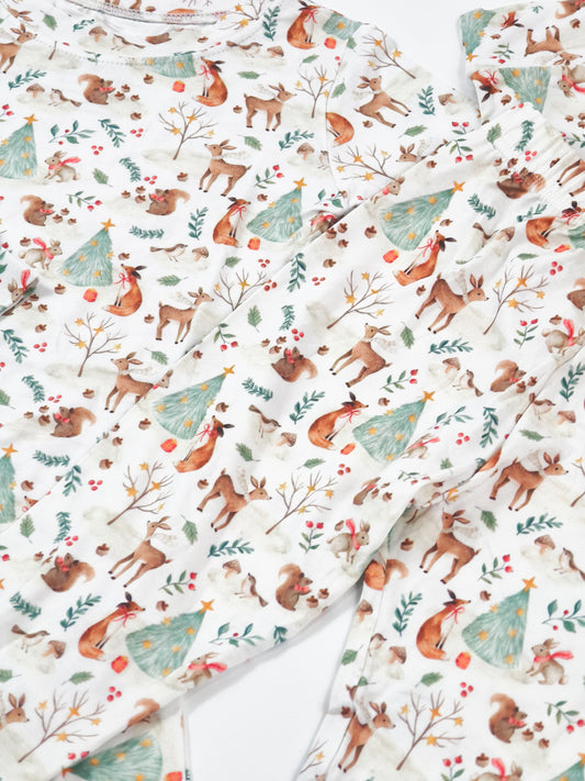 Woodland Christmas animal print on soft bamboo two-piece pajamas for kids