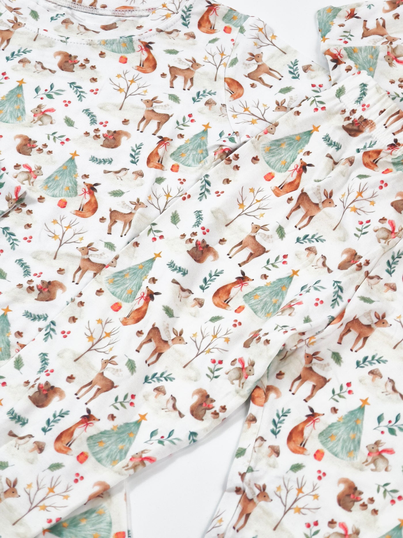 Woodland Christmas animal print on soft bamboo two-piece pajamas for kids